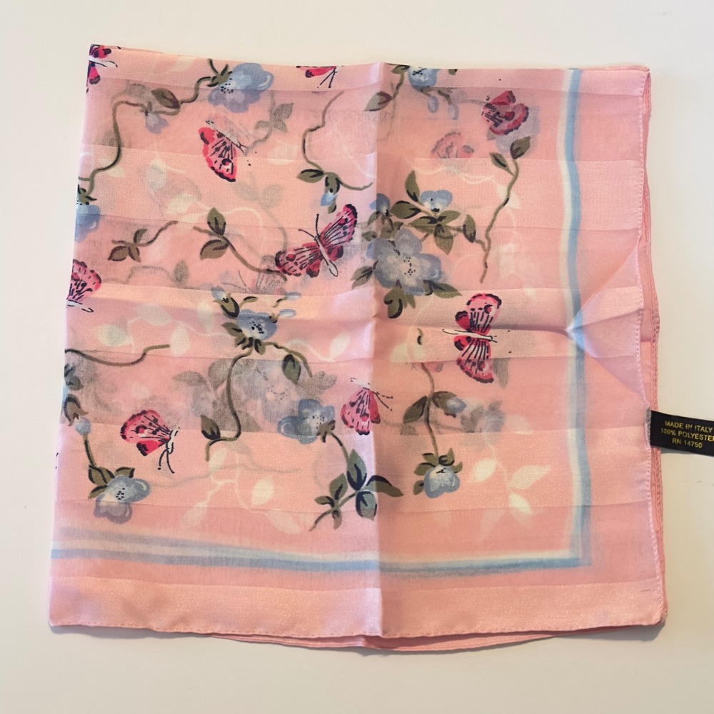 Vtg Pink Butterfly Floral Square Scarf Made in Italy Satin Stripe CottageCore